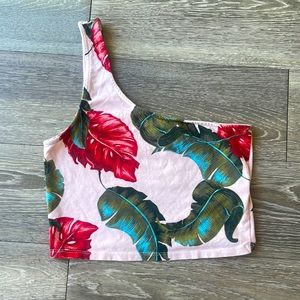 FOREVER21 one shoulder tropical pink crop top, size medium